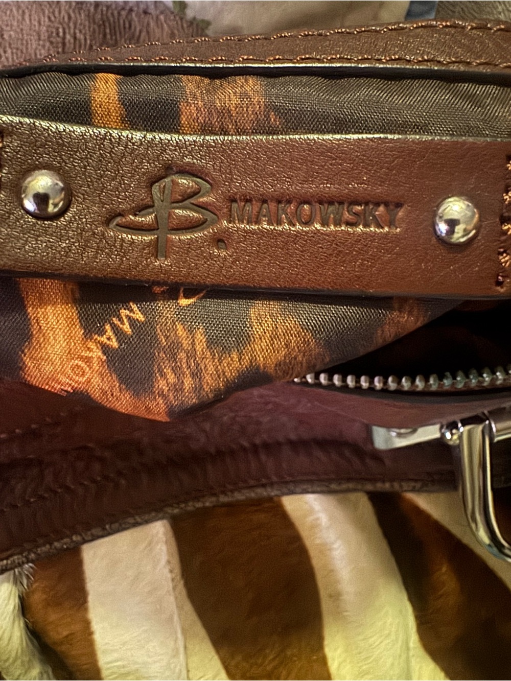 B MAKOWSKY Brown SOFT Leather & Zebra Fur CANTERBURY TOTE - Picture 9 of 10
